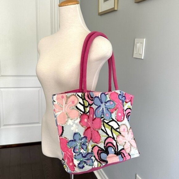 Pink Floral Canvas Tote Shoulder Bag with Sequins - Picture 2 of 11